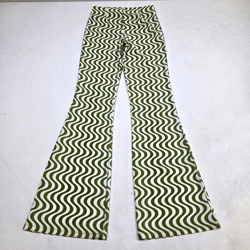 Garage Flare Pants Womens XS Green Wavy Psychedelic Retro Bell Bottom Trousers - Picture 2 of 7